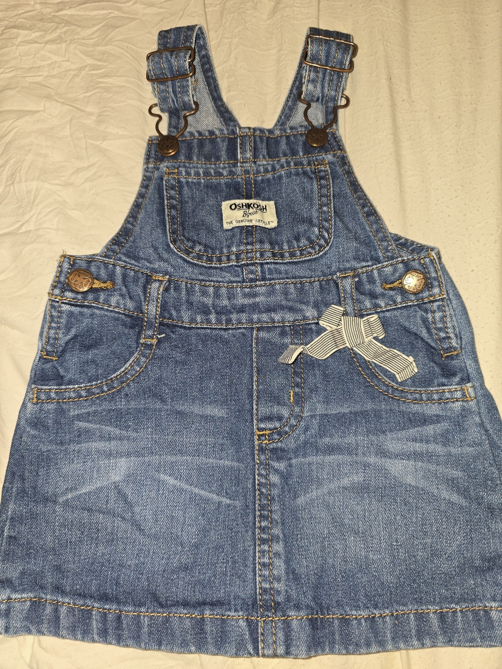 OshKosh B'gosh Blue Denim Pinafore Dress with Striped Bow